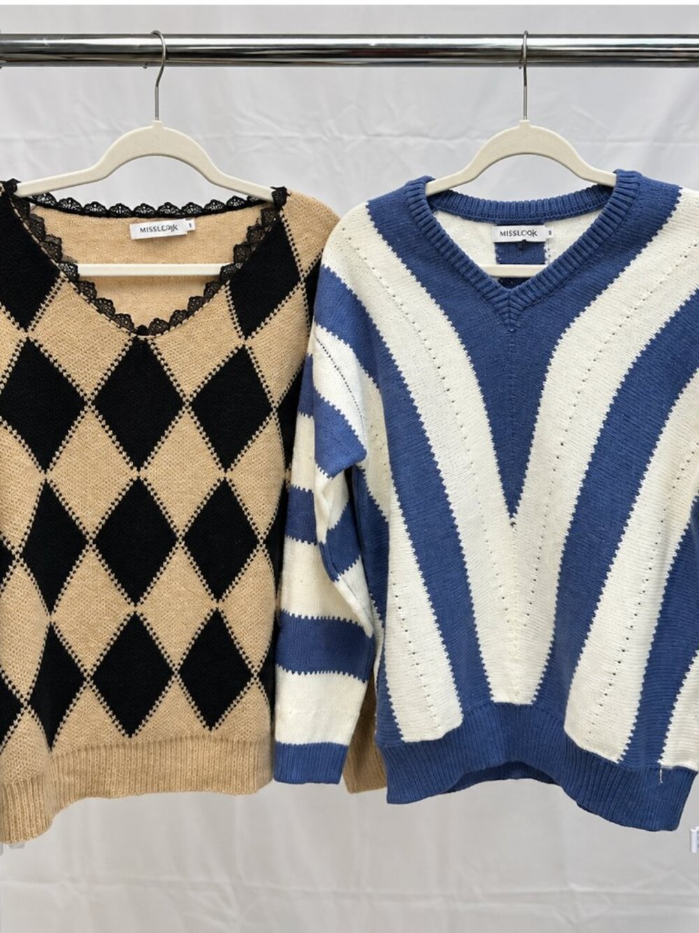 2 MISSLOOK Sweaters S | Black Tan Argyle Lace + Blue Cream Chevron | NWOT